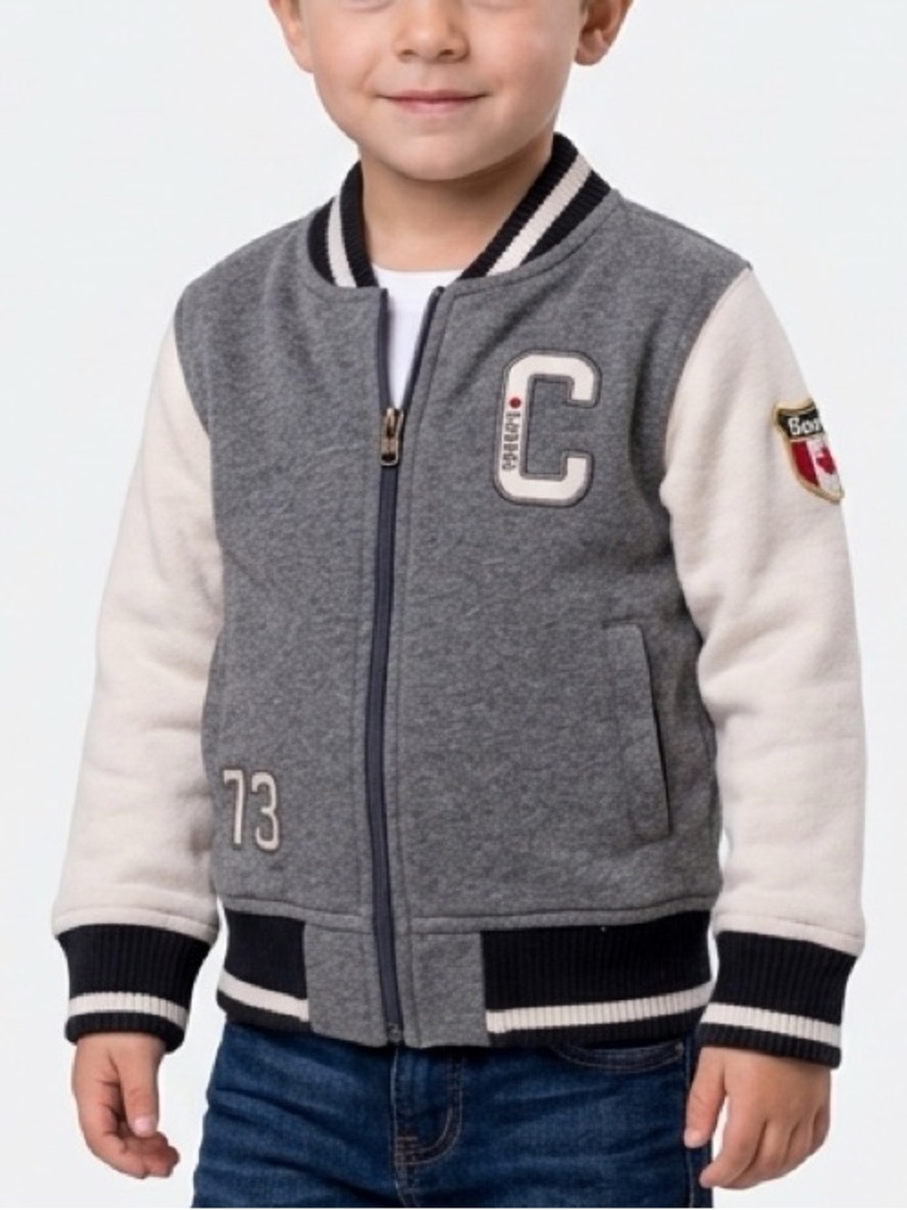 Roots 🇨🇦 Canada Grey Kids Varsity Bomber Jacket Grey Cream Maple Leaf Size 5-6
